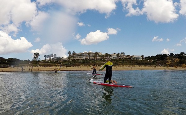 2 pessoas a fazer Stand Up Paddles chegam à costa